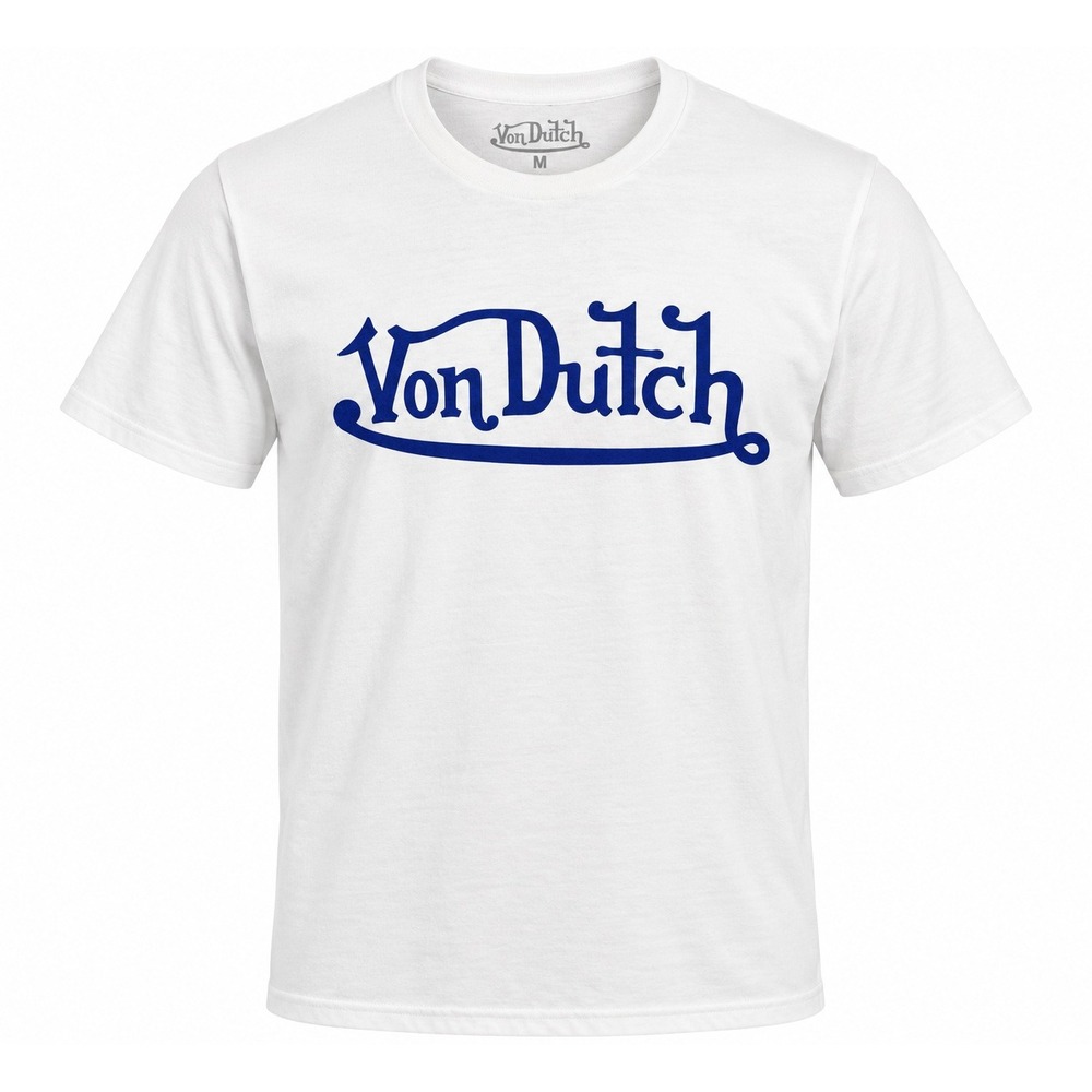 Von Dutch Men's Medium White T Shirt Blue Script Logo Crew Neck Streetwear